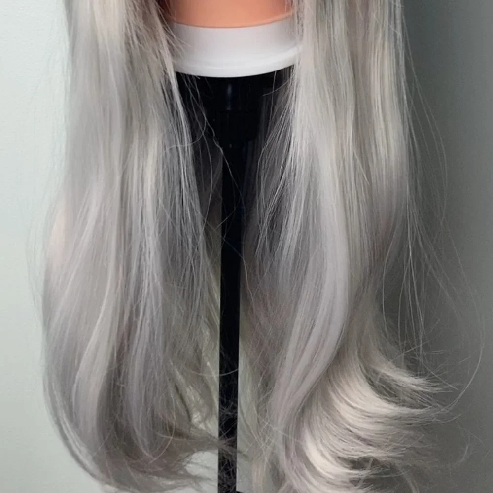 Silver Gray Black Rooted Lace Front Wig